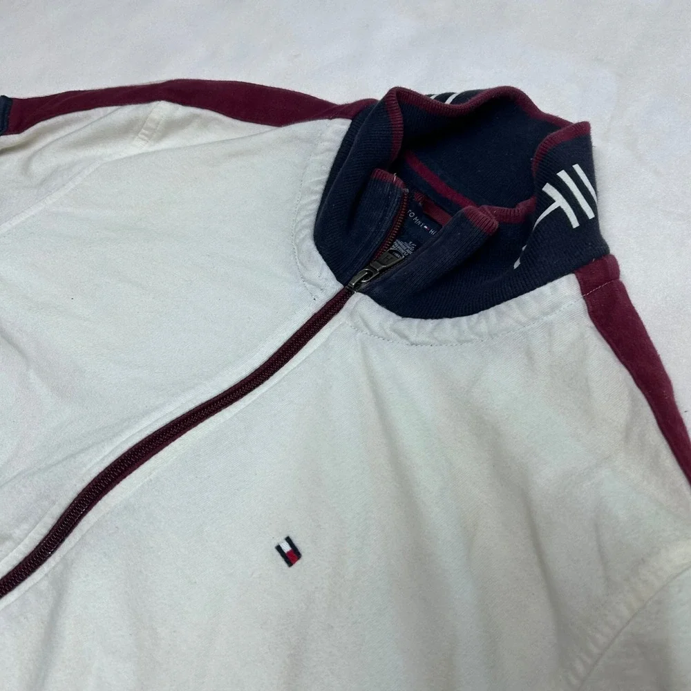 Tommy Hilfiger Mens Colorblock Sweatshirt Zipup White Navy Burgundy Small